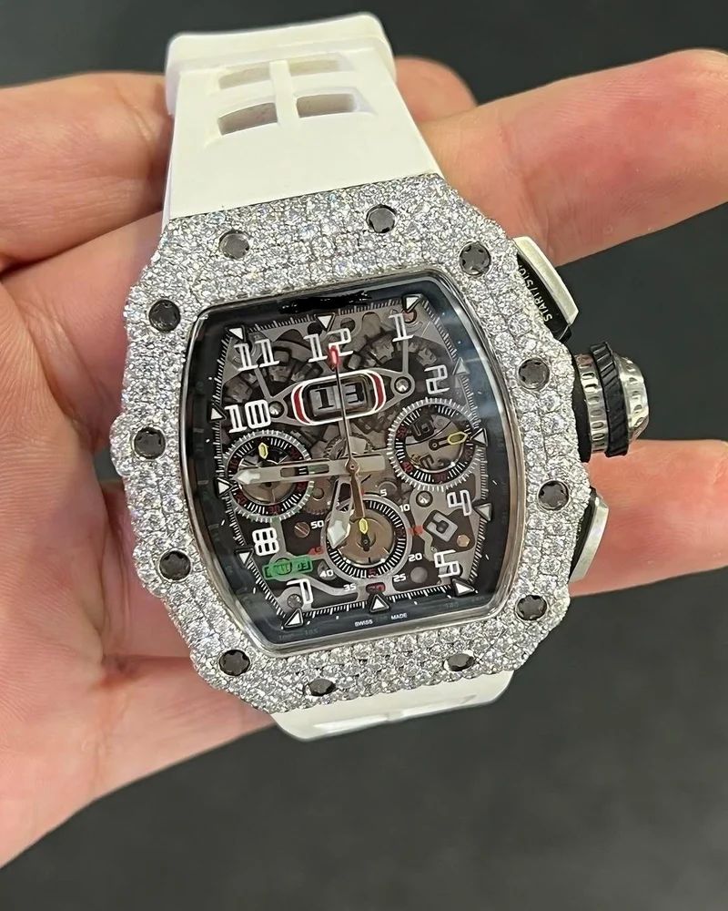 Iced Out VVS Moissanite Diamond Richard Mille Bust Down Luxury White Band Watch (Pass Diamond Tester)